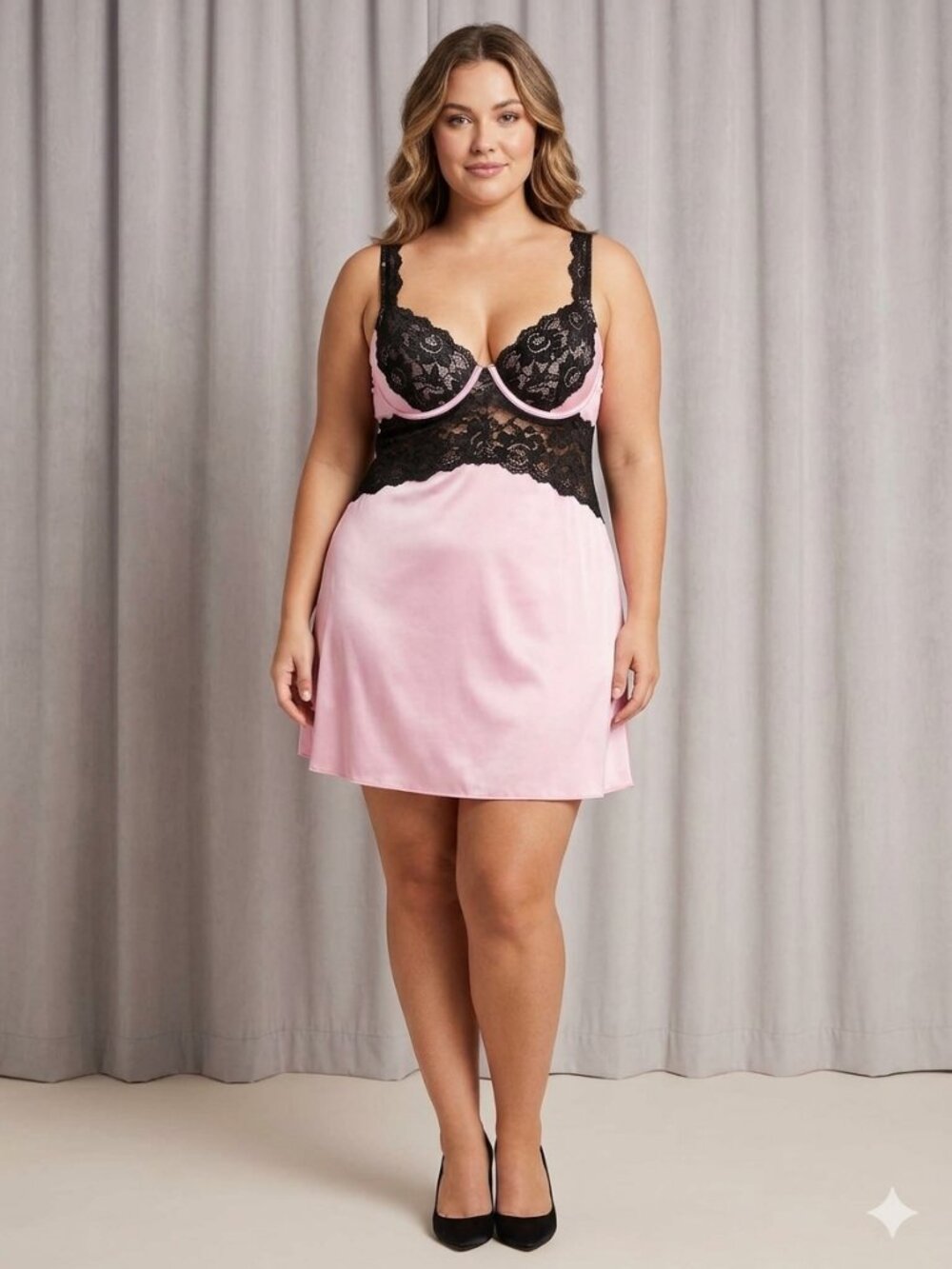 Oh Là Là Chéri Paris Pink Satin & Black Lace Babydoll Slip Dress XL